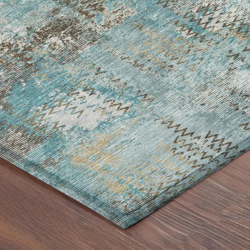 8' Teal Blue And Pewter Round Abstract Washable Indoor Outdoor Area Rug Photo 3