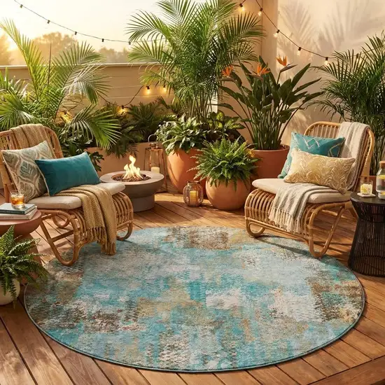 8' Teal Blue And Pewter Round Abstract Washable Indoor Outdoor Area Rug Photo 1