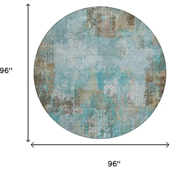8' Teal Blue And Pewter Round Abstract Washable Indoor Outdoor Area Rug Photo 5