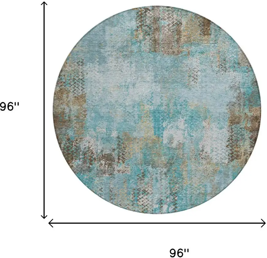 8' Teal Blue And Pewter Round Abstract Washable Indoor Outdoor Area Rug Photo 5