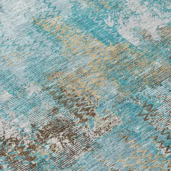 8' Teal Blue And Pewter Round Abstract Washable Indoor Outdoor Area Rug Photo 4