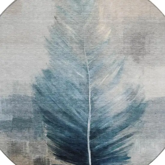 8' Teal Blue And Pewter Round Botanical Leaves Washable Indoor Outdoor Area Rug Photo 3