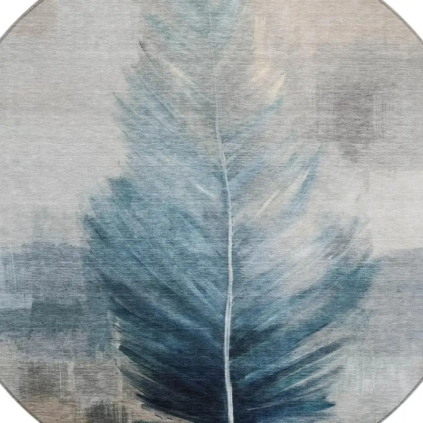 8' Teal Blue And Pewter Round Botanical Leaves Washable Indoor Outdoor Area Rug Photo 3