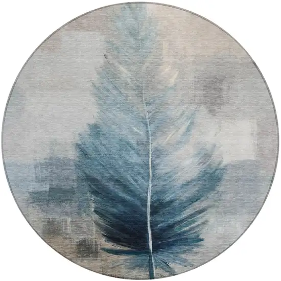 8' Teal Blue And Pewter Round Botanical Leaves Washable Indoor Outdoor Area Rug Photo 2