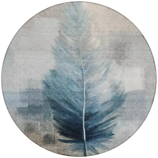 8' Teal Blue And Pewter Round Botanical Leaves Washable Indoor Outdoor Area Rug Photo 4