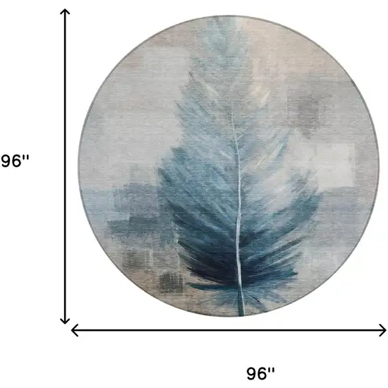 8' Teal Blue And Pewter Round Botanical Leaves Washable Indoor Outdoor Area Rug Photo 7
