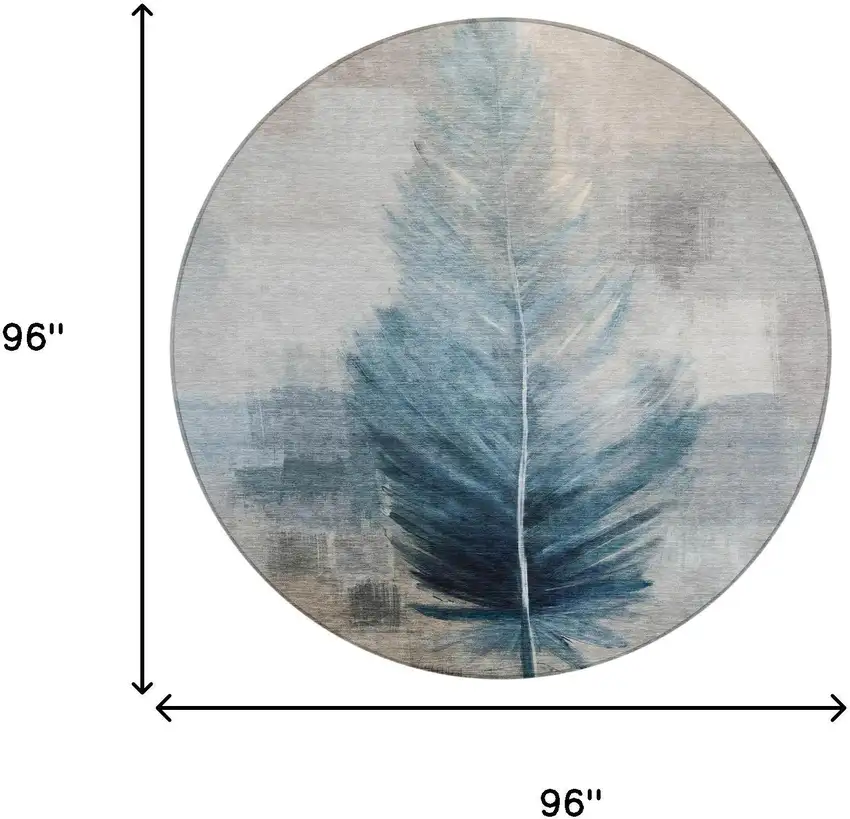 8' Teal Blue And Pewter Round Botanical Leaves Washable Indoor Outdoor Area Rug Photo 7