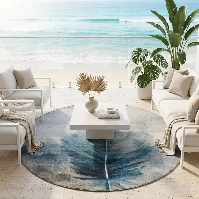 8' Teal Blue And Pewter Round Botanical Leaves Washable Indoor Outdoor Area Rug Photo 1