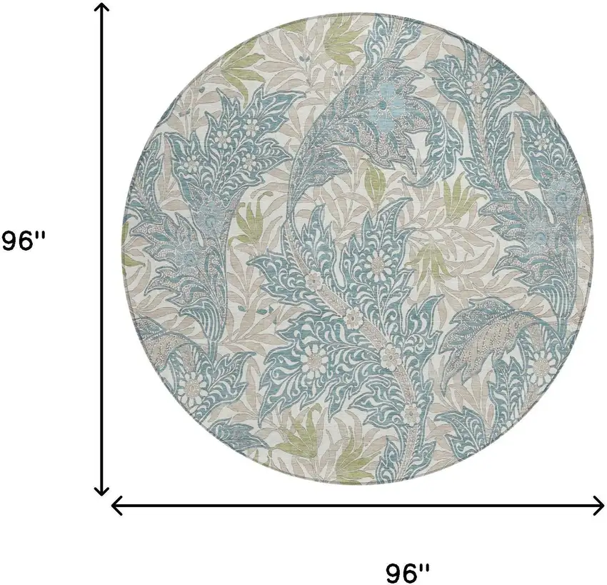 8' Teal Blue And Pewter Round Botanical Leaves Washable Indoor Outdoor Area Rug Photo 5