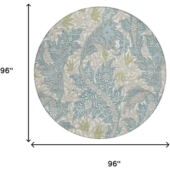 8' Teal Blue And Pewter Round Botanical Leaves Washable Indoor Outdoor Area Rug Photo 5