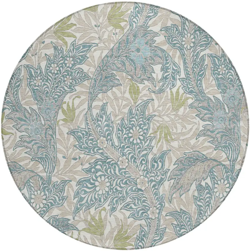 8' Teal Blue And Pewter Round Botanical Leaves Washable Indoor Outdoor Area Rug Photo 2