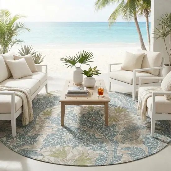 8' Teal Blue And Pewter Round Botanical Leaves Washable Indoor Outdoor Area Rug Photo 1