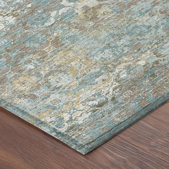 8' Teal Blue And Pewter Round Floral Medallion Washable Indoor Outdoor Area Rug Photo 3