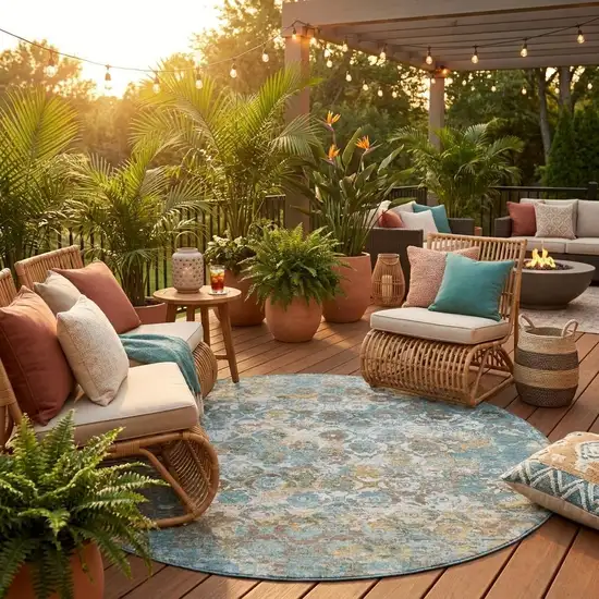 8' Teal Blue And Pewter Round Floral Medallion Washable Indoor Outdoor Area Rug Photo 1
