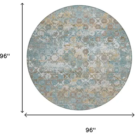 8' Teal Blue And Pewter Round Floral Medallion Washable Indoor Outdoor Area Rug Photo 5