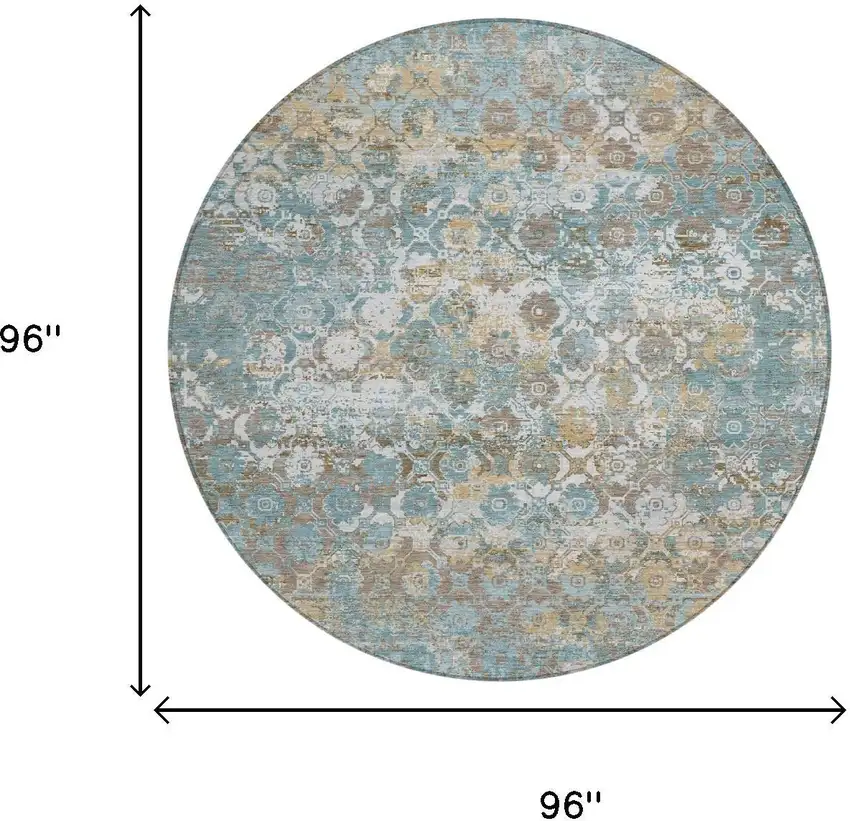8' Teal Blue And Pewter Round Floral Medallion Washable Indoor Outdoor Area Rug Photo 5
