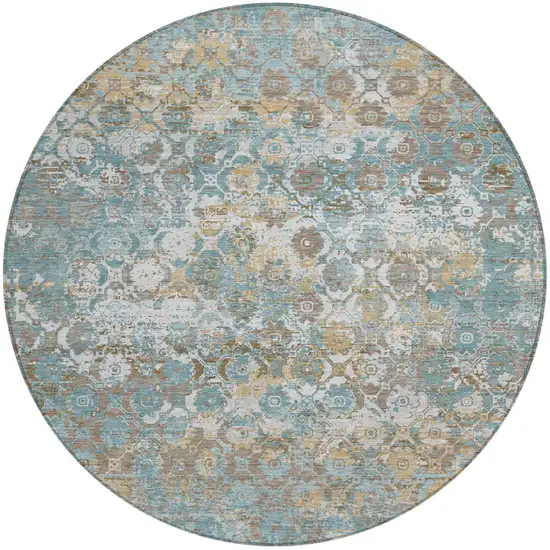 8' Teal Blue And Pewter Round Floral Medallion Washable Indoor Outdoor Area Rug Photo 2