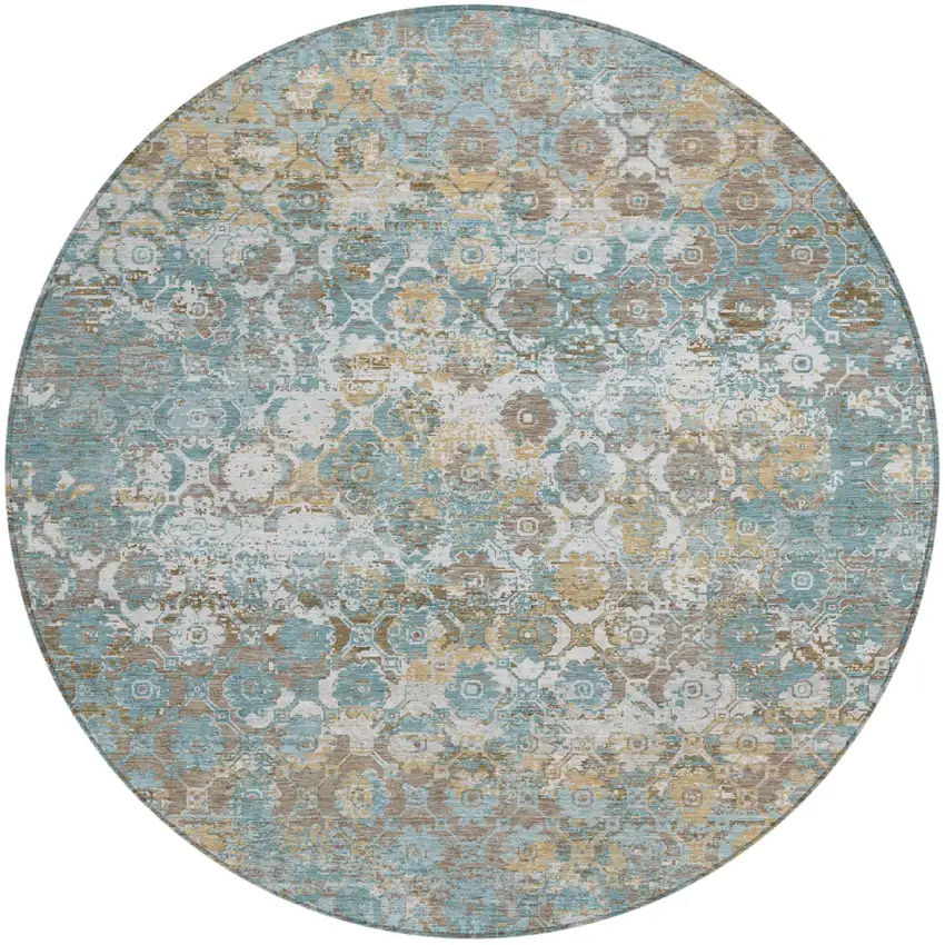 8' Teal Blue And Pewter Round Floral Medallion Washable Indoor Outdoor Area Rug Photo 2