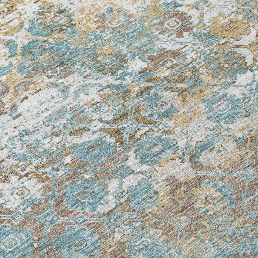 8' Teal Blue And Pewter Round Floral Medallion Washable Indoor Outdoor Area Rug Photo 4