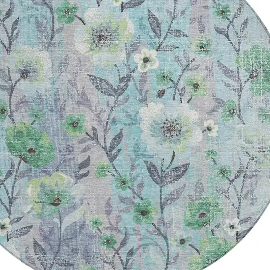 8' Teal Blue And Pewter Round Floral Washable Indoor Outdoor Area Rug Photo 2