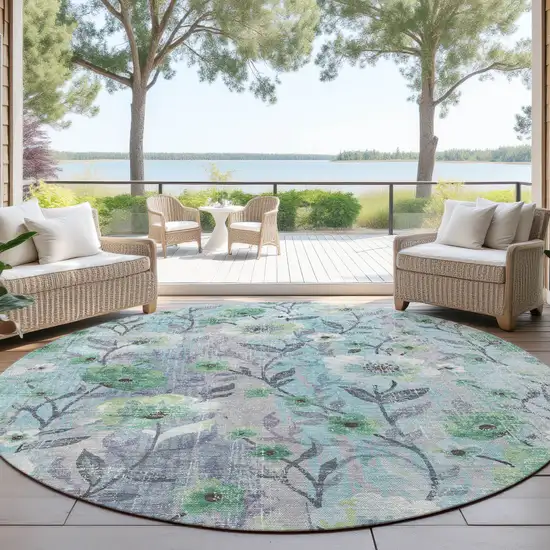 8' Teal Blue And Pewter Round Floral Washable Indoor Outdoor Area Rug Photo 4