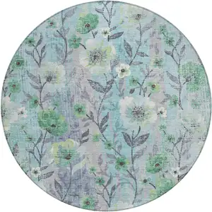 Photo of 8' Teal Blue And Pewter Round Floral Washable Indoor Outdoor Area Rug