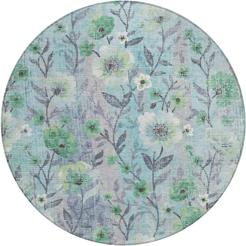 8' Teal Blue And Pewter Round Floral Washable Indoor Outdoor Area Rug Photo 1