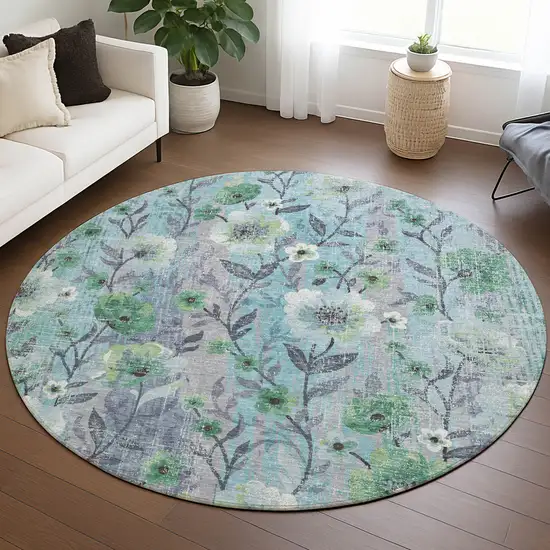 8' Teal Blue And Pewter Round Floral Washable Indoor Outdoor Area Rug Photo 5