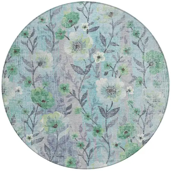 8' Teal Blue And Pewter Round Floral Washable Indoor Outdoor Area Rug Photo 3