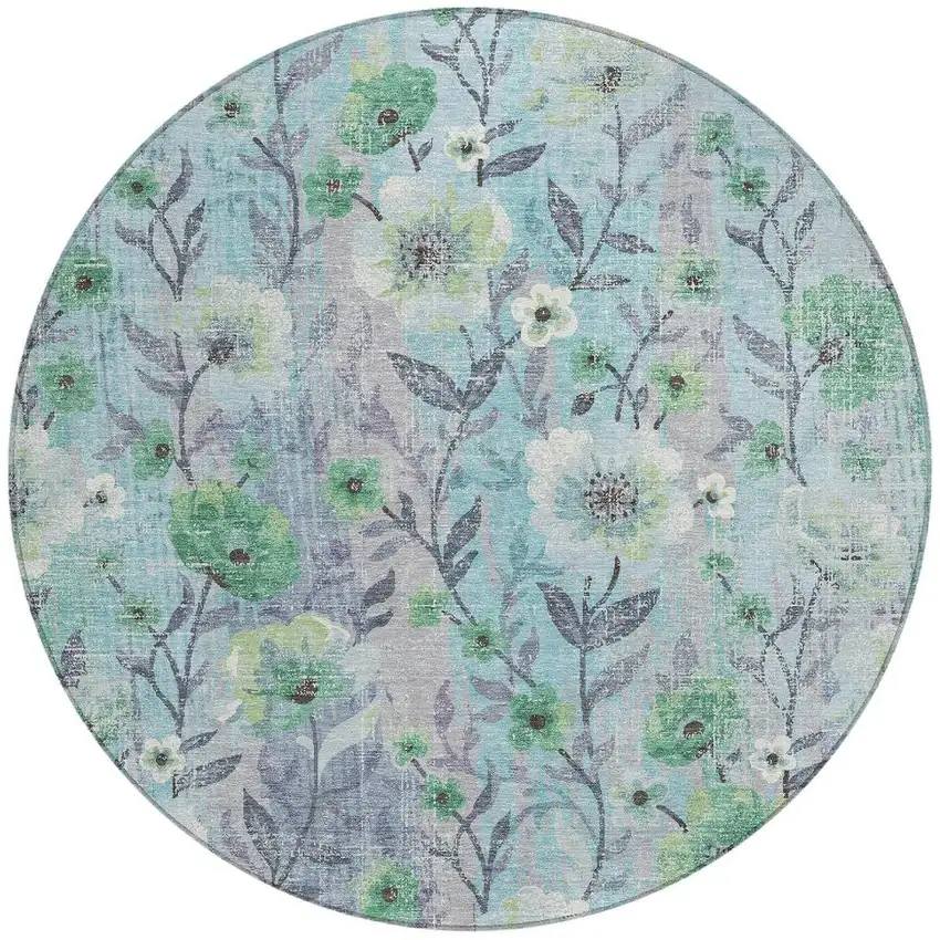 8' Teal Blue And Pewter Round Floral Washable Indoor Outdoor Area Rug Photo 3