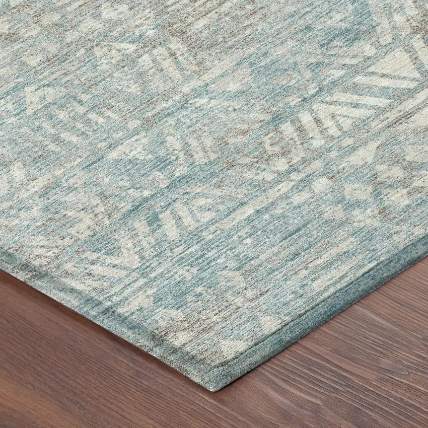 8' Teal Blue And Pewter Round Geometric Washable Indoor Outdoor Area Rug Photo 4