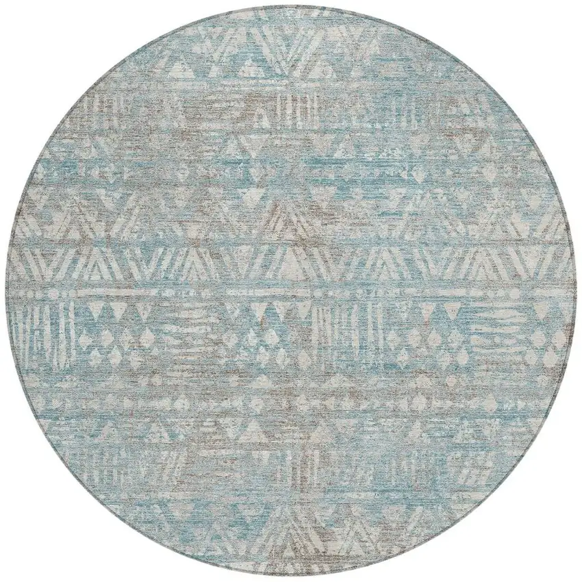 8' Teal Blue And Pewter Round Geometric Washable Indoor Outdoor Area Rug Photo 3