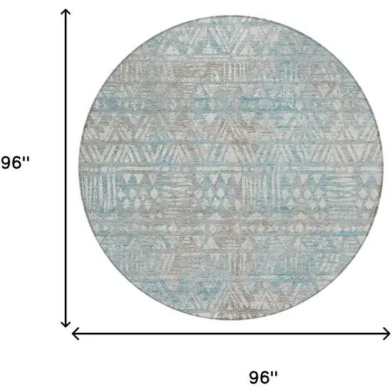 8' Teal Blue And Pewter Round Geometric Washable Indoor Outdoor Area Rug Photo 6