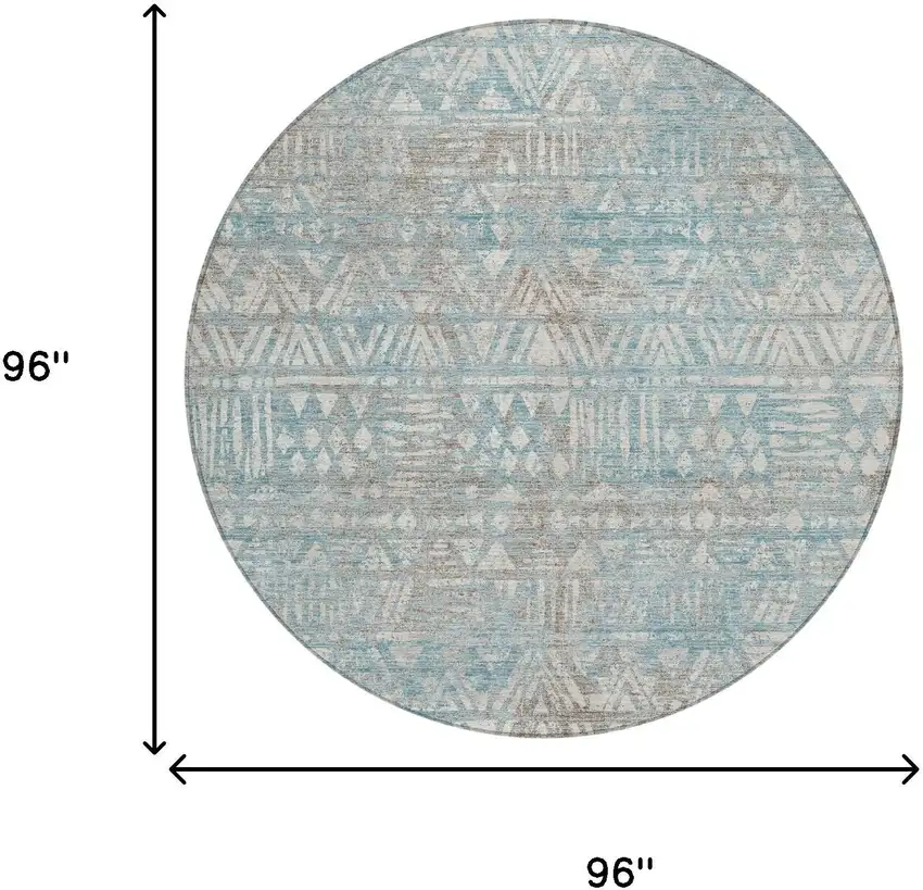 8' Teal Blue And Pewter Round Geometric Washable Indoor Outdoor Area Rug Photo 6