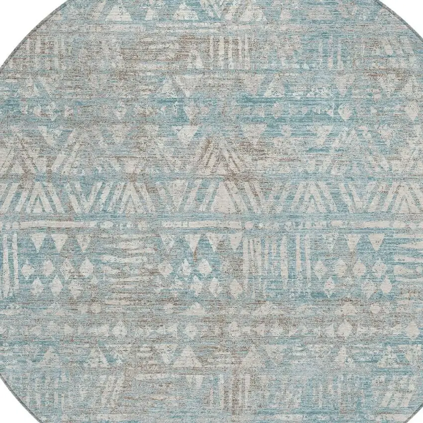 8' Teal Blue And Pewter Round Geometric Washable Indoor Outdoor Area Rug Photo 2