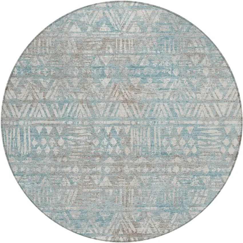 8' Teal Blue And Pewter Round Geometric Washable Indoor Outdoor Area Rug Photo 1