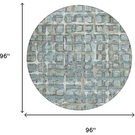 8' Teal Blue And Pewter Round Geometric Washable Indoor Outdoor Area Rug Photo 5