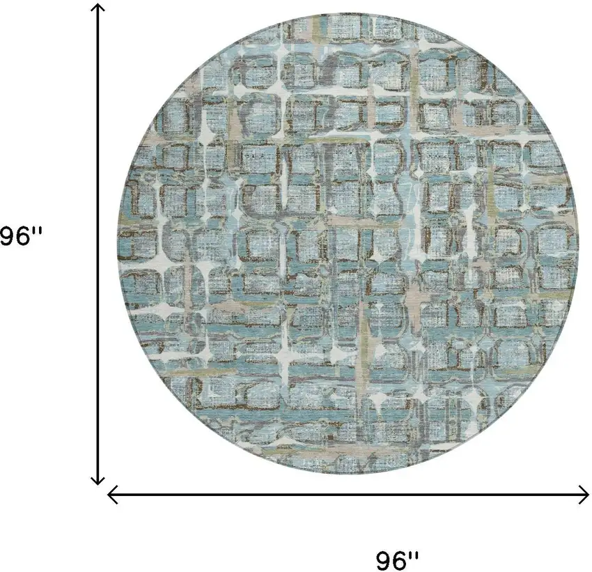 8' Teal Blue And Pewter Round Geometric Washable Indoor Outdoor Area Rug Photo 5