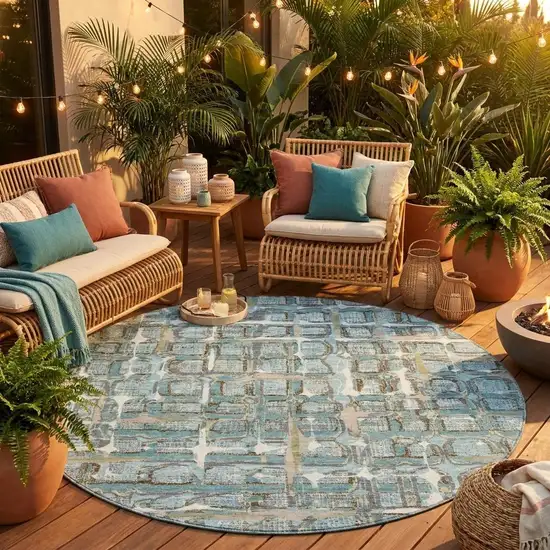 8' Teal Blue And Pewter Round Geometric Washable Indoor Outdoor Area Rug Photo 1