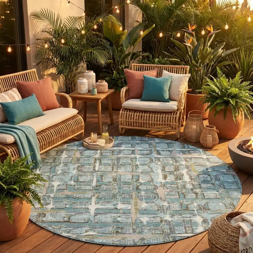 8' Teal Blue And Pewter Round Geometric Washable Indoor Outdoor Area Rug Photo 1