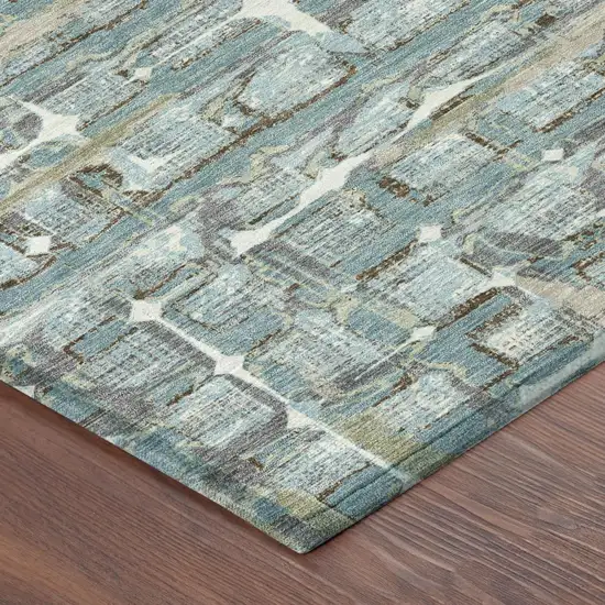 8' Teal Blue And Pewter Round Geometric Washable Indoor Outdoor Area Rug Photo 3