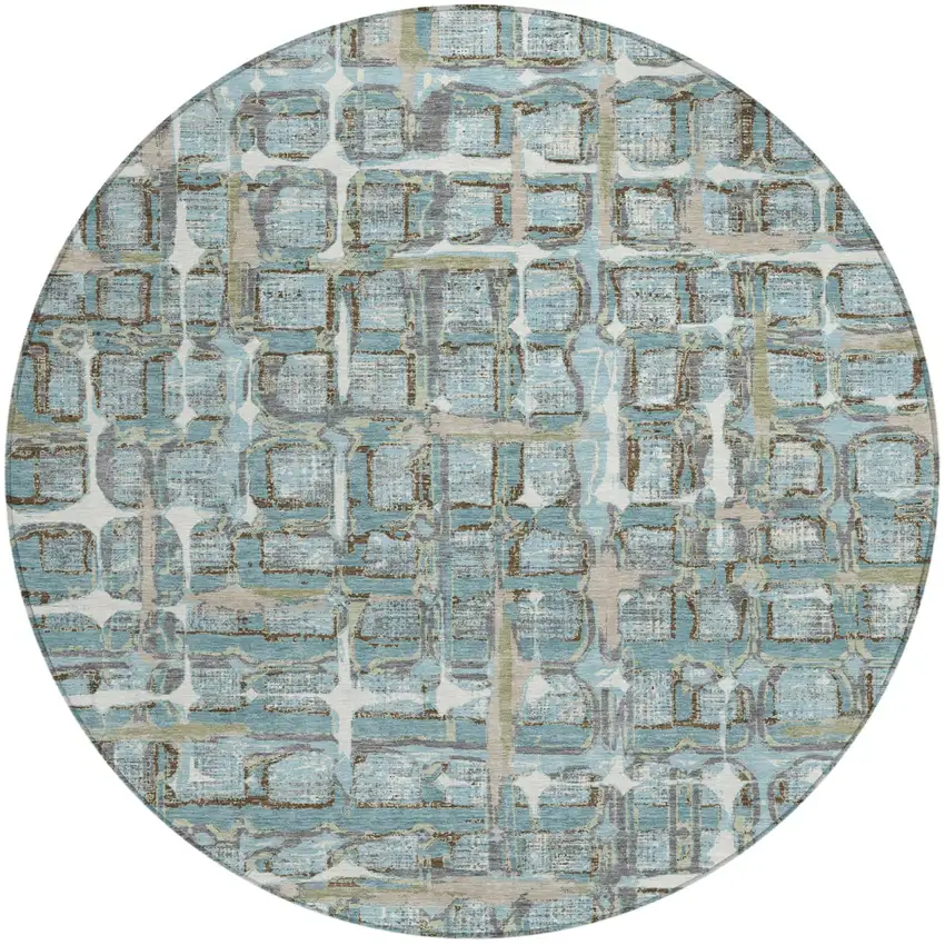 8' Teal Blue And Pewter Round Geometric Washable Indoor Outdoor Area Rug Photo 2