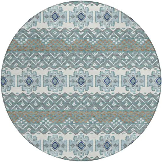 8' Teal Blue And Pewter Round Striped Washable Indoor Outdoor Area Rug Photo 2