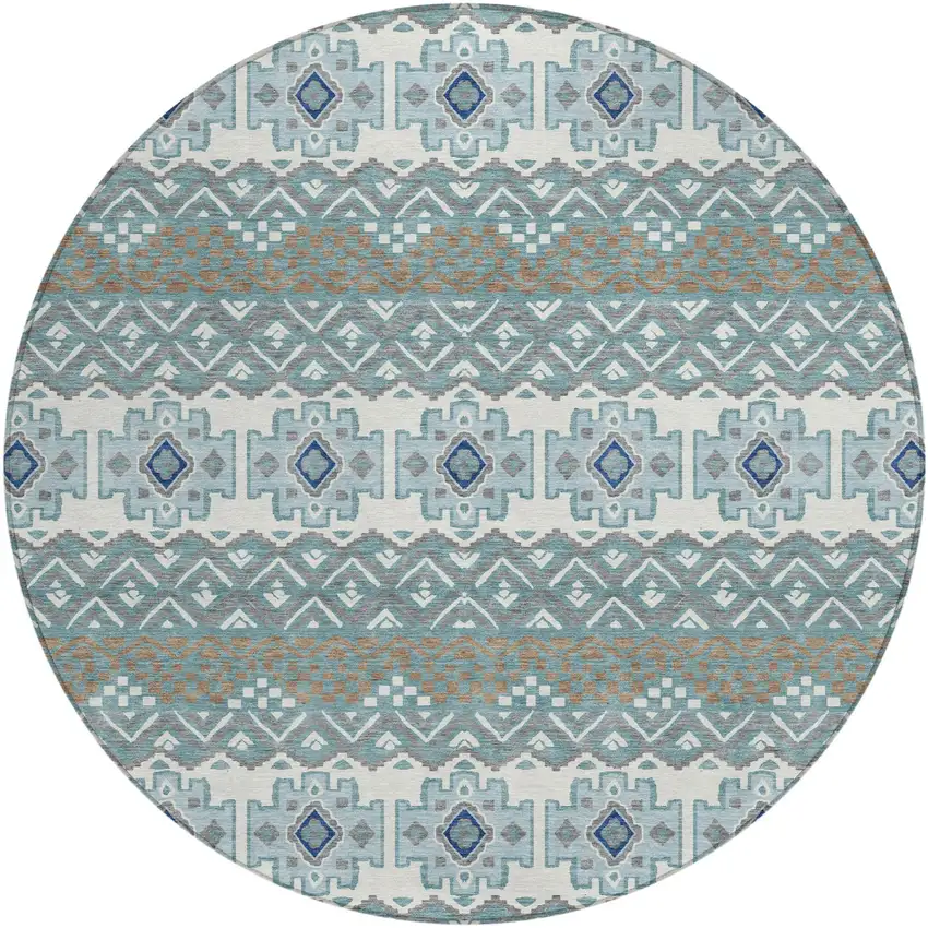 8' Teal Blue And Pewter Round Striped Washable Indoor Outdoor Area Rug Photo 2