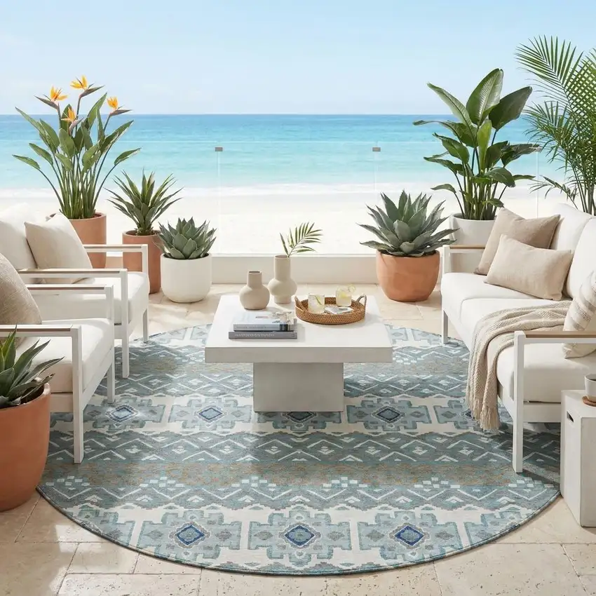 8' Teal Blue And Pewter Round Striped Washable Indoor Outdoor Area Rug Photo 1