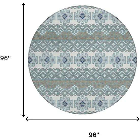 8' Teal Blue And Pewter Round Striped Washable Indoor Outdoor Area Rug Photo 5