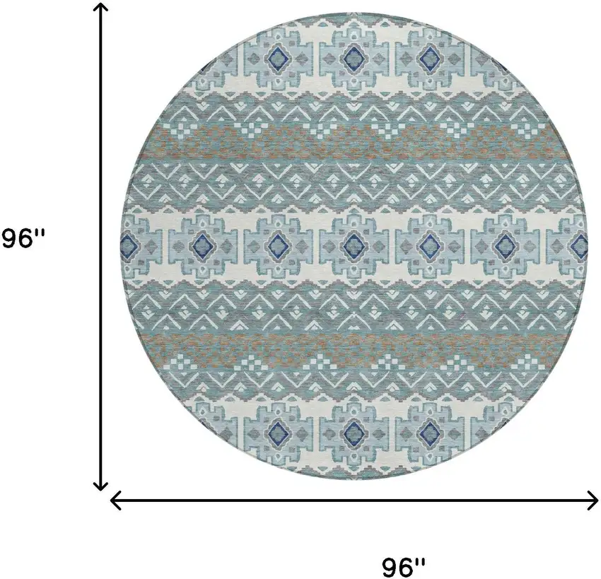 8' Teal Blue And Pewter Round Striped Washable Indoor Outdoor Area Rug Photo 5