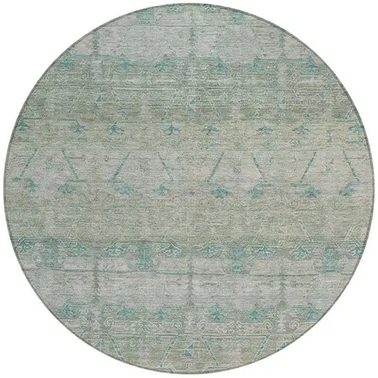 8' Teal Blue And Pewter Round Tribal Washable Indoor Outdoor Area Rug Photo 4