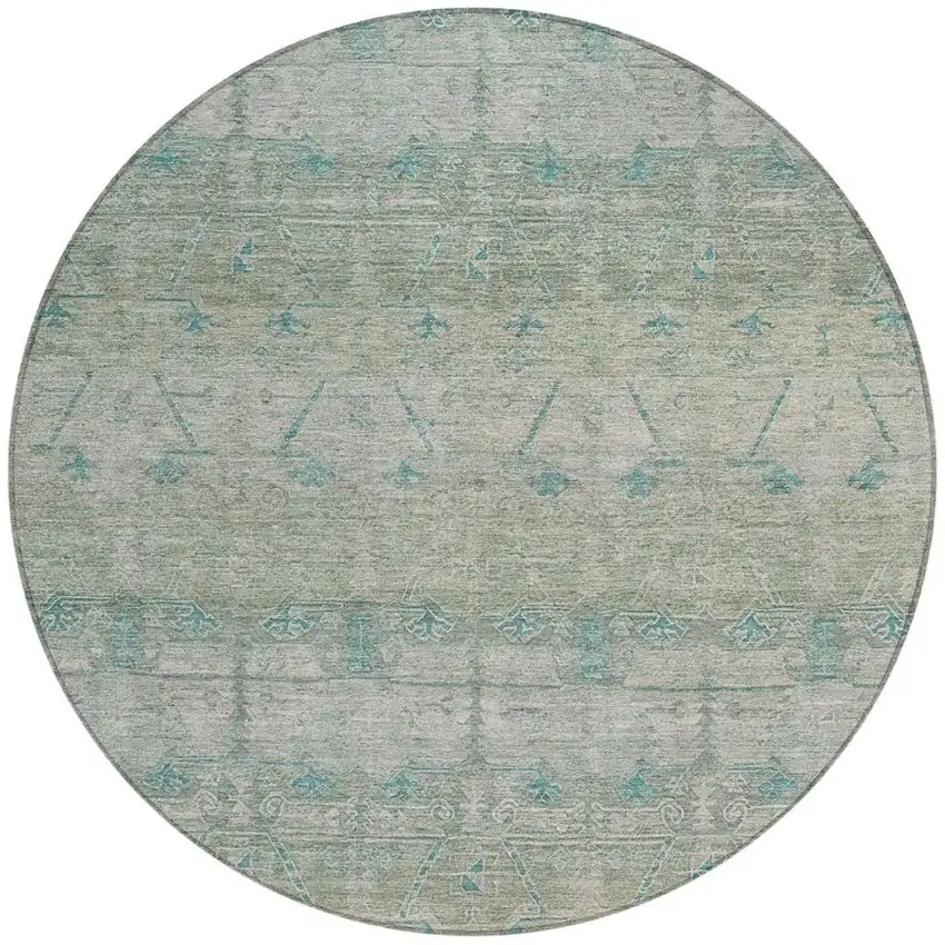 8' Teal Blue And Pewter Round Tribal Washable Indoor Outdoor Area Rug Photo 4