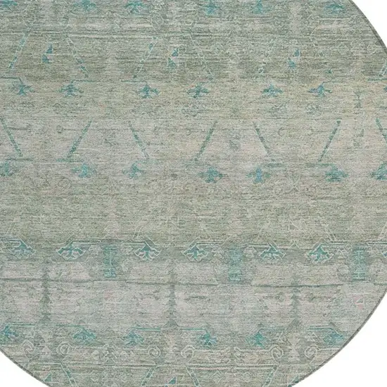 8' Teal Blue And Pewter Round Tribal Washable Indoor Outdoor Area Rug Photo 3